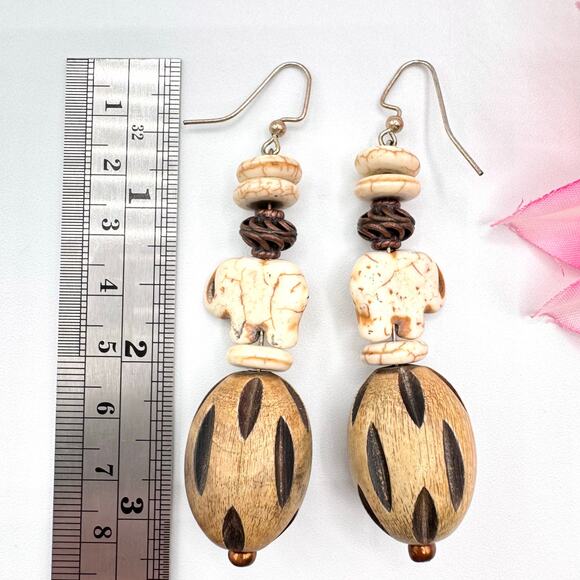 Tribal Native Folk Art Carved Howlite Elephant Nut Chunky Big Statement Earrings - Picture 10 of 12